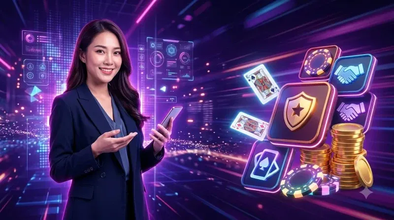 Biểu tượng khiên bảo mật với ổ khóa vàng trên nền các lá bài và tiền xu